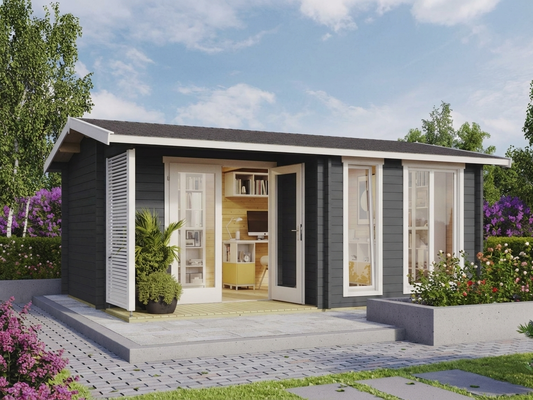 Wooden cabin in dark grey made from Nordic Spruce