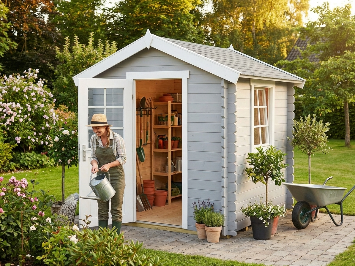 Light grey wooden garden shed, Nordic Spruce construction - product detail