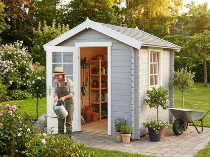 Light grey wooden garden shed, Nordic Spruce construction - product detail