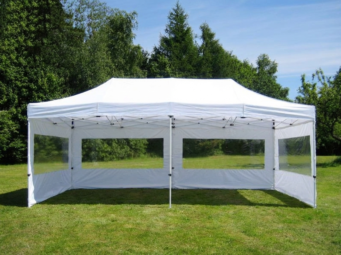White pop up gazebo with flame retardant feature for outdoor events