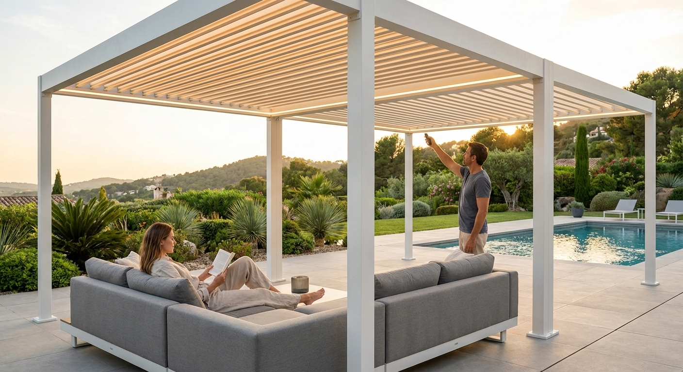 Bioclimatic Pergola Gazebo in White Aluminium for Outdoor Use - view 3