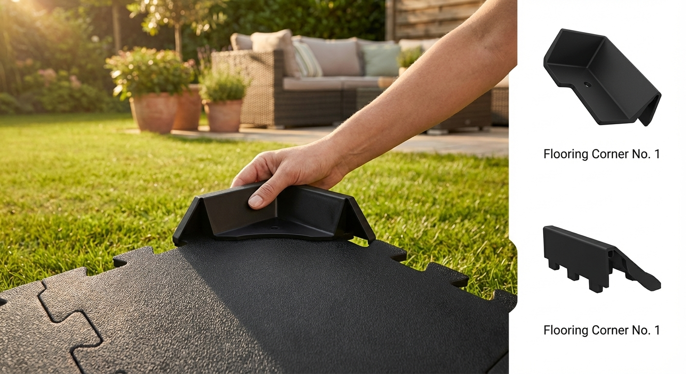 Anthracite flooring corner piece made from recycled PE for indoor and outdoor use