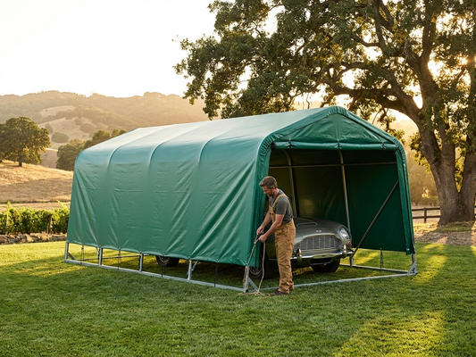 Green PVC roof cover for portable garage, 3.77x9.7m
