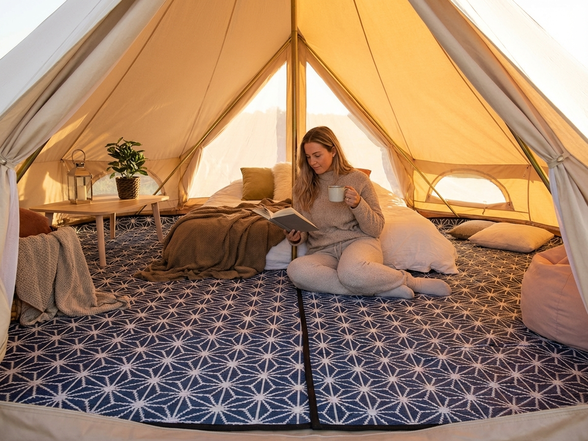 Blue and white polypropylene tent matting for outdoor camping