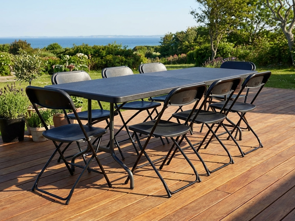 Black folding table and chairs set with steel frame for indoor and outdoor use - product detail