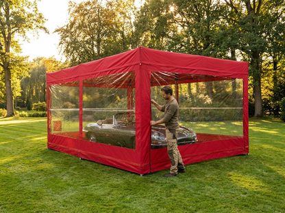 Folding car shelter in red with steel frame - view 3