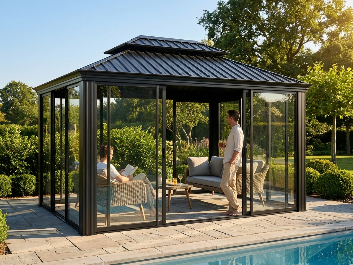 Black aluminium gazebo with galvanised steel roof - view 3