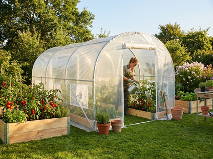 Transparent polytunnel greenhouse with galvanised steel frame - view 3