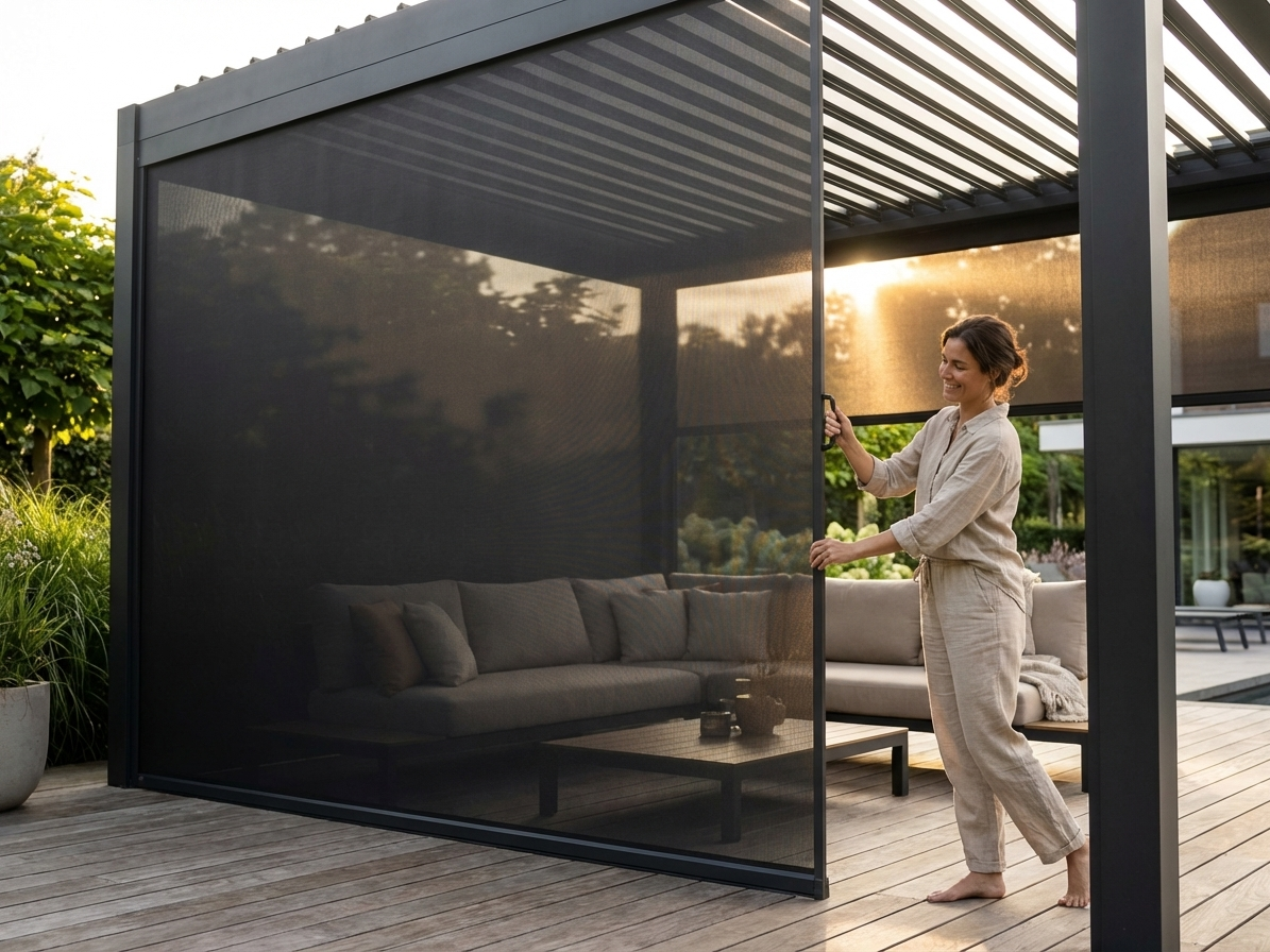 Black pergola sidewall screen made from sunshine fabric - view 3