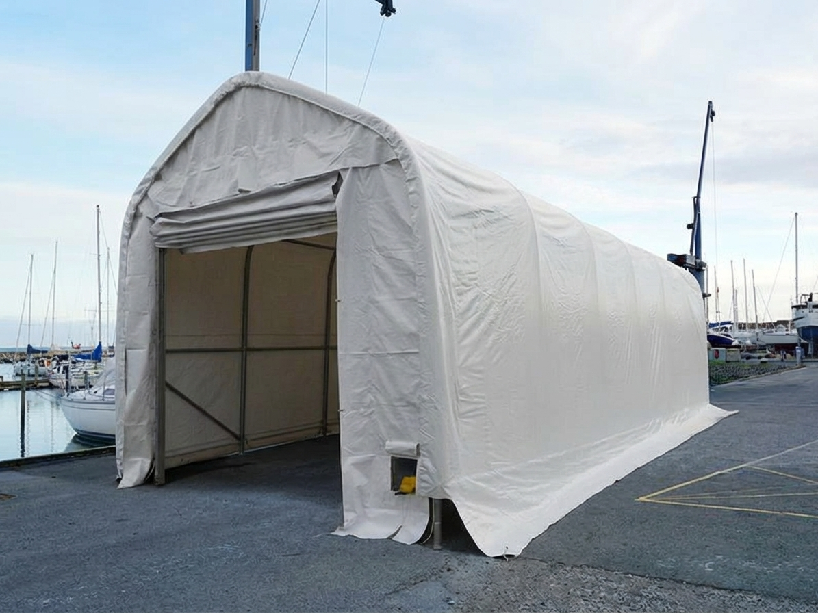 White storage tent, 5.5x15 metres, outdoor shelter