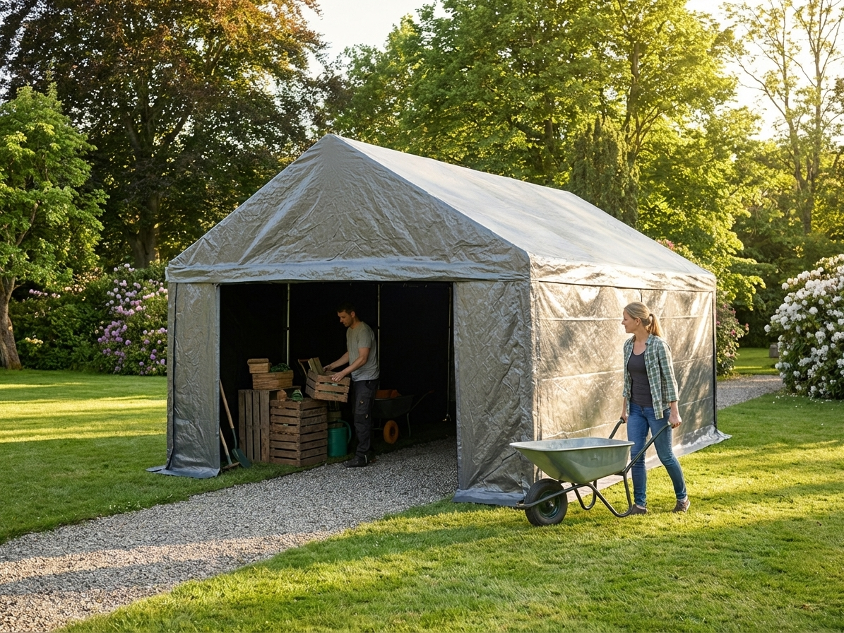 Grey outdoor storage tent with galvanised steel frame - view 3
