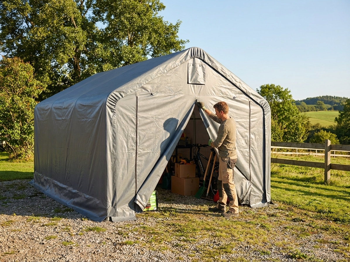 Grey PVC storage shelter end wall, fire resistant