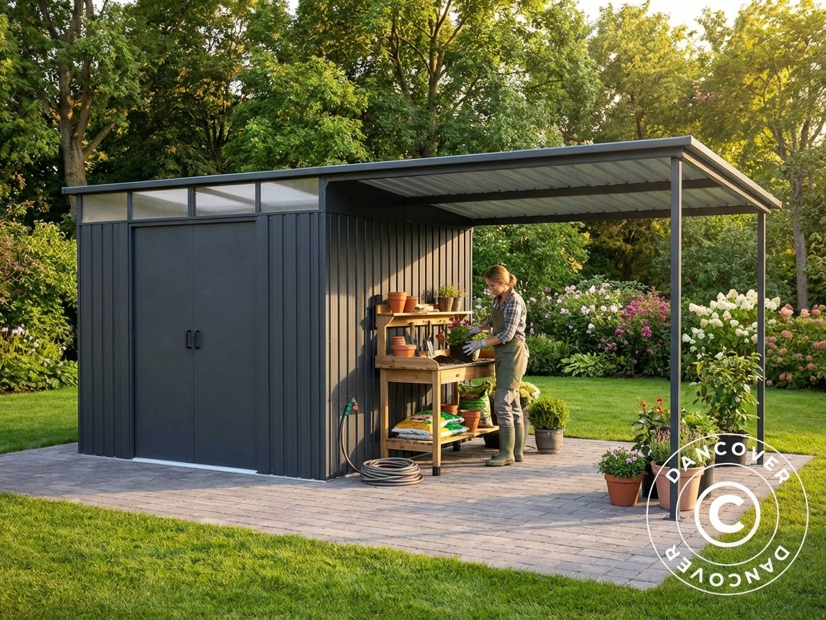 Anthracite garden shed extension with skylight