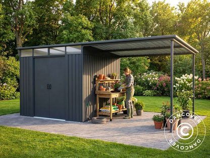 Anthracite garden shed extension with skylight