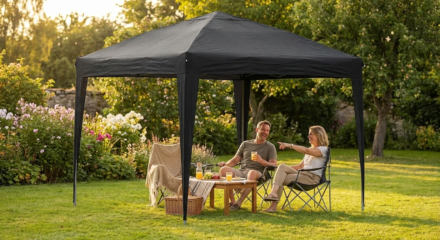 Pop up gazebo 2x2 m black with steel frame and polyester roof for outdoor use