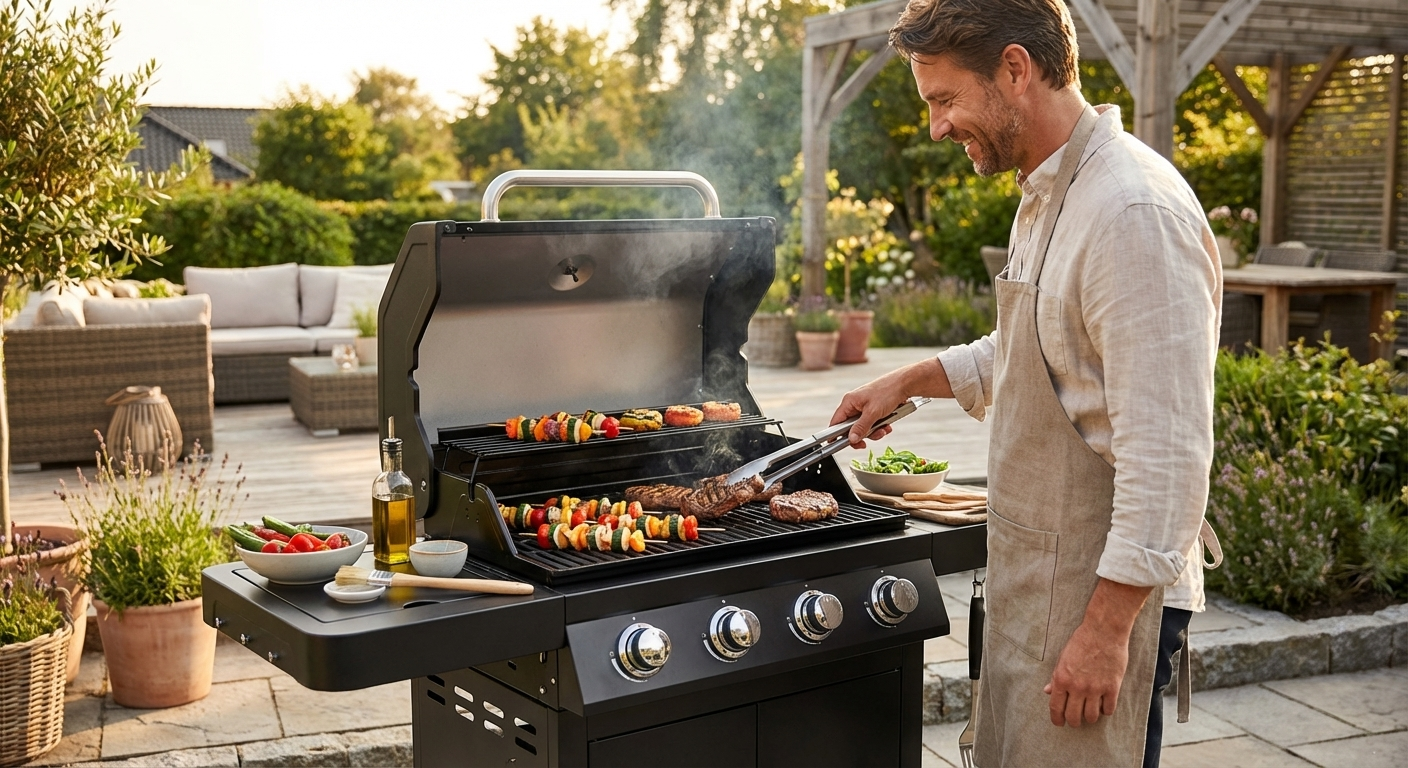 Black gas BBQ grill made of powder-coated steel for outdoor use - view 3