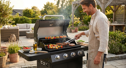 Black gas BBQ grill made of powder-coated steel for outdoor use - view 3