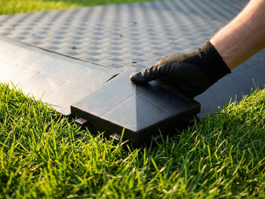 Anthracite flooring corner piece made from recycled PE for indoor and outdoor use