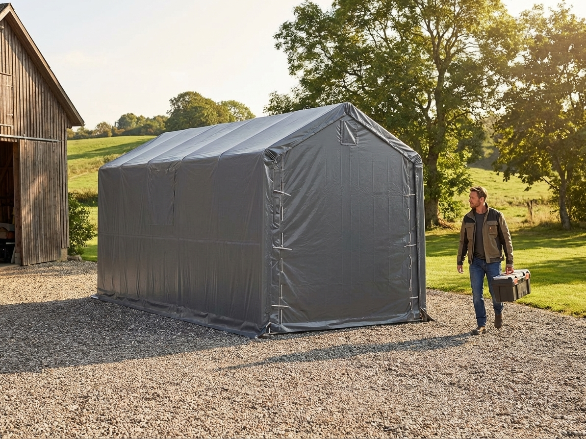 Grey Storage Shelter 3.5x8m made of Polyethylene and Steel