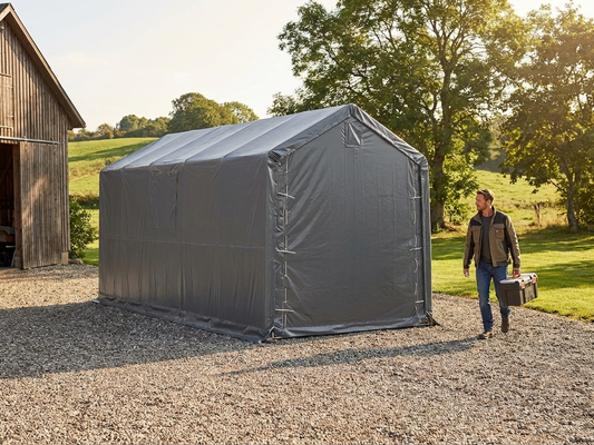 Grey Storage Shelter 3.5x8m made of Polyethylene and Steel