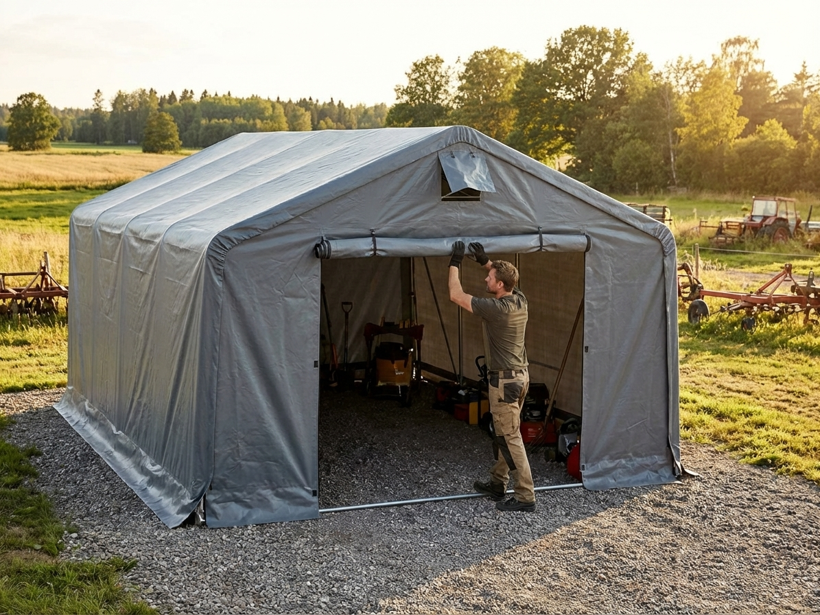Grey storage shelter door made from polyethylene tarpaulin - product detail