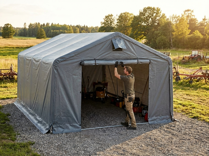 Grey storage shelter door made from polyethylene tarpaulin - product detail