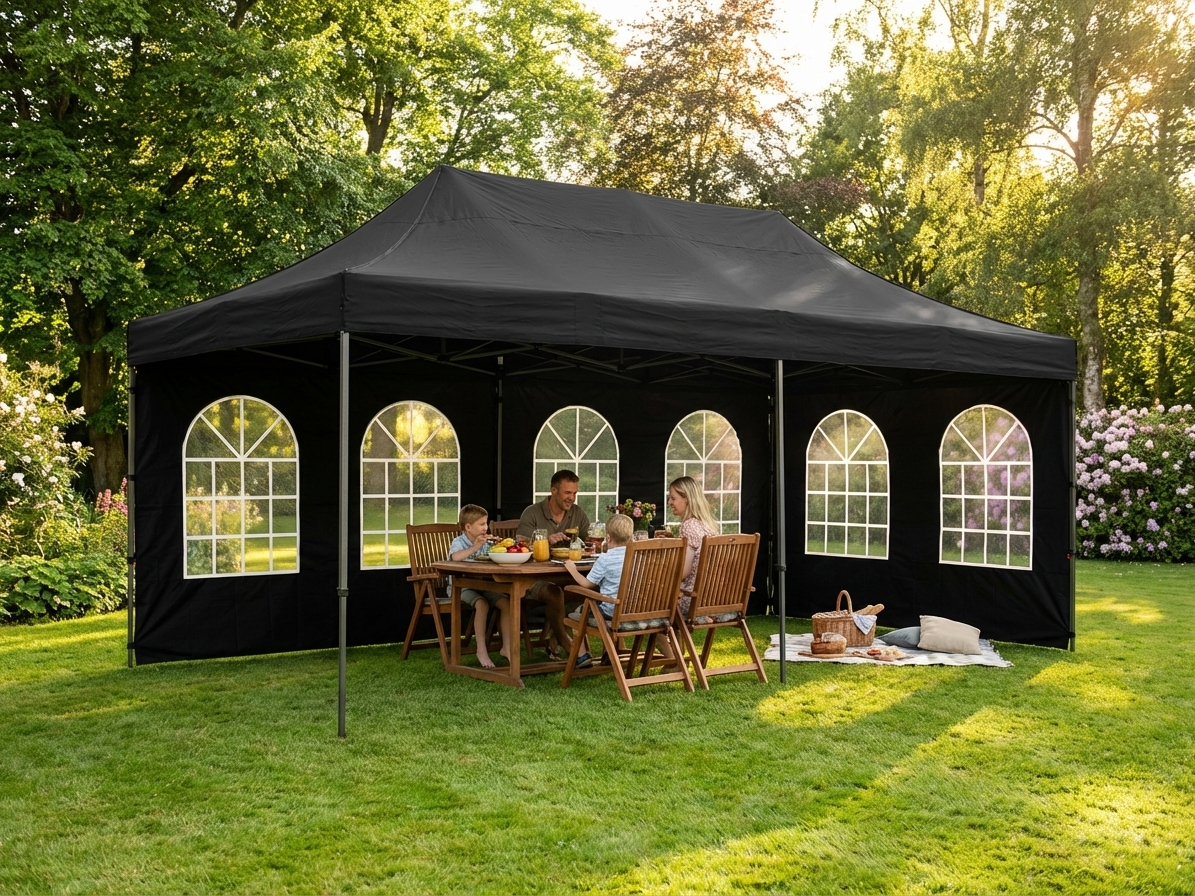 Black pop-up gazebo with steel frame for outdoor use - product detail