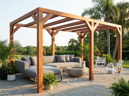Wooden pergola in brown, ideal for outdoor garden use