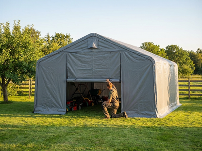 Grey storage shelter door made from polyethylene tarpaulin - view 3