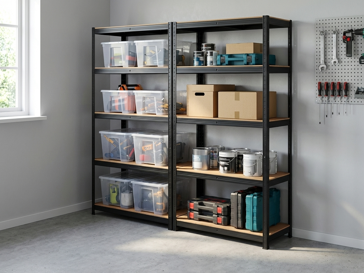 Black storage rack with MDF shelves for home and warehouse use