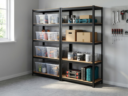 Black storage rack with MDF shelves for home and warehouse use