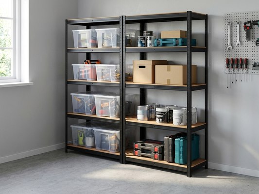 Black storage rack with MDF shelves for home and warehouse use