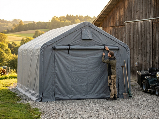 Grey storage shelter end wall made from polyethylene tarpaulin