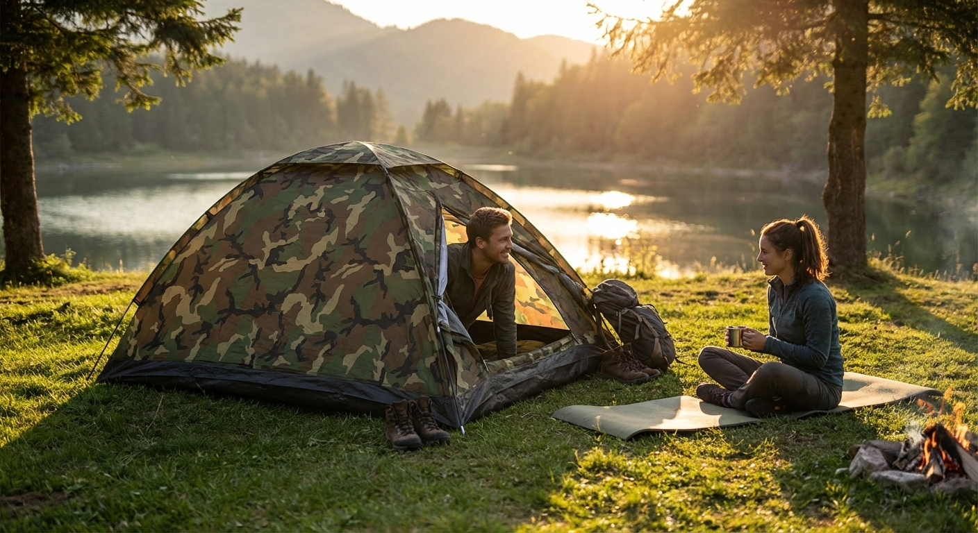 Camouflage tent for two people, perfect for camping