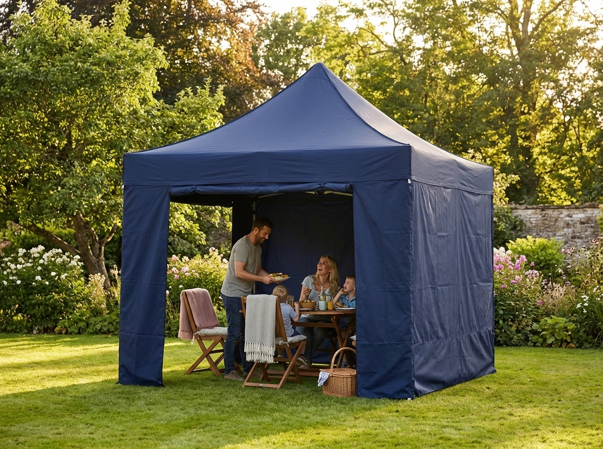 Pop up gazebo in dark blue with aluminium frame and sidewalls - view 3