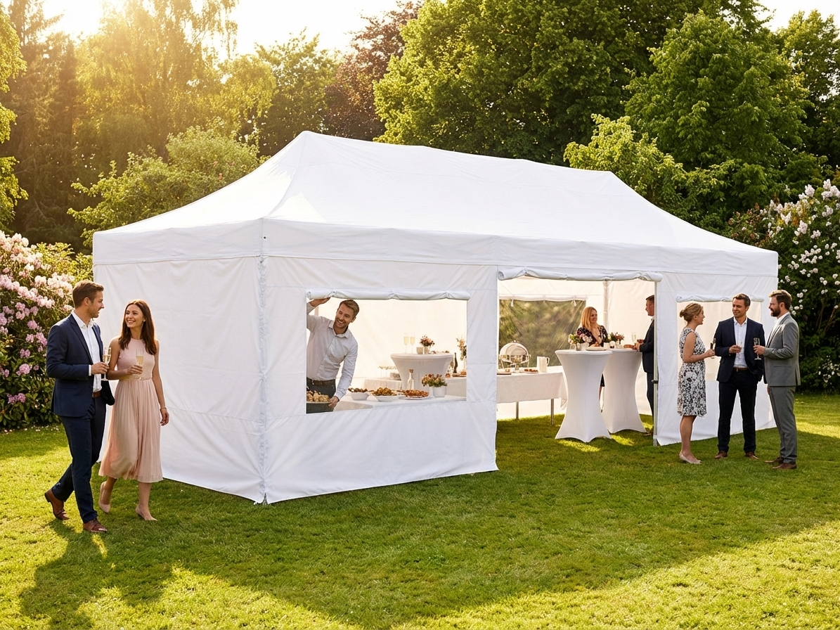 White pop-up gazebo 4x12 m with aluminium frame for outdoor events
