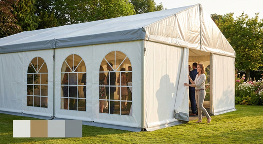 PVC endwall with large window and wide door in white/grey, ideal for event use