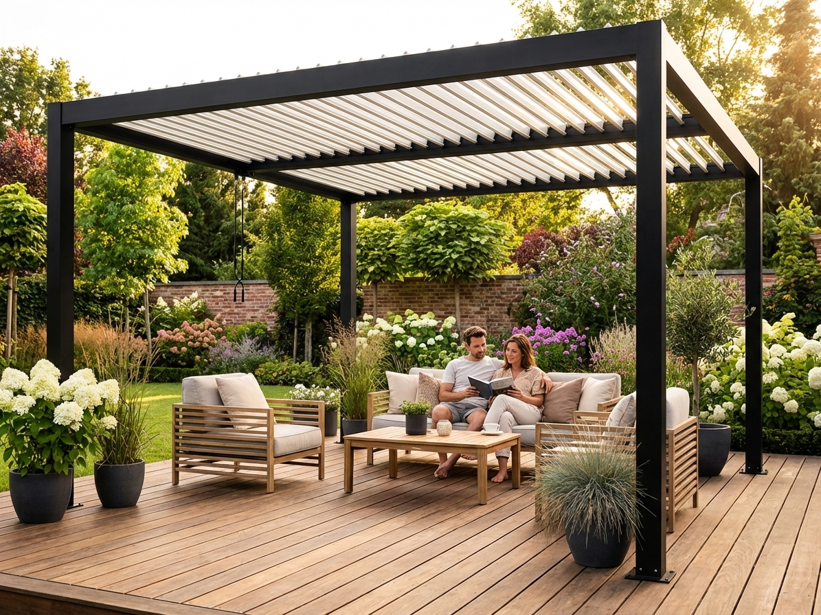 Bioclimatic pergola gazebo in black and white, 4x4 m, aluminium construction - product detail