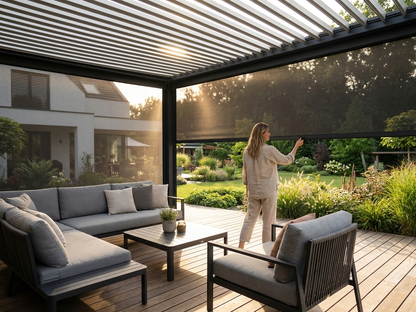 Black pergola sidewall screen made from sunshine fabric