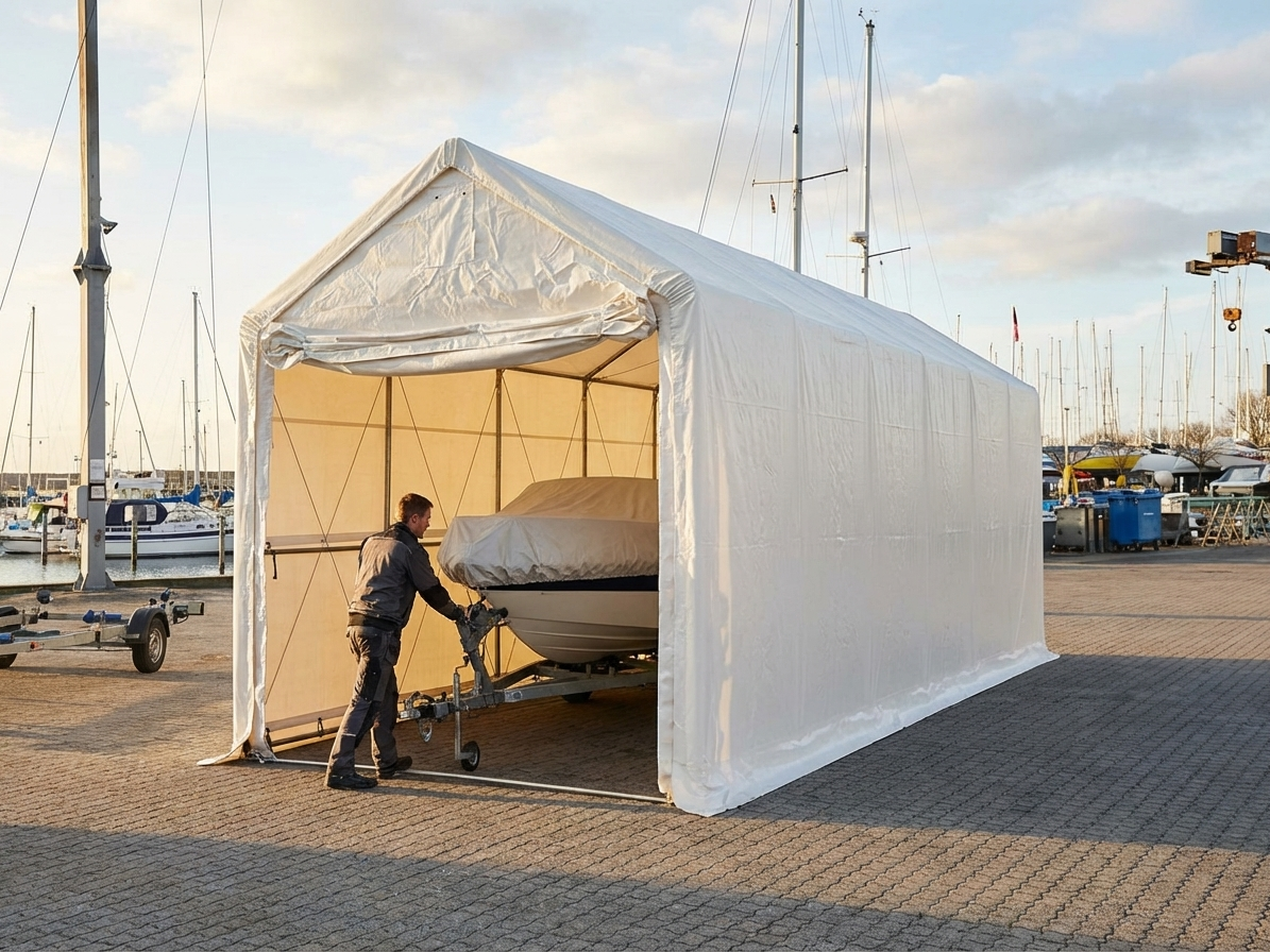 White PVC storage shelter 4x10 m for industrial and warehouse use