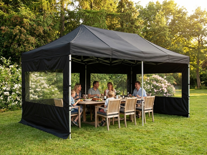 Black pop up gazebo with flame retardant steel frame for outdoor events