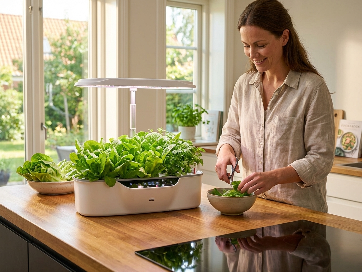 White hydroponic planter with LED growth light for indoor gardening - product detail