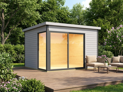 Wooden cabin set in light grey made from Nordic Spruce