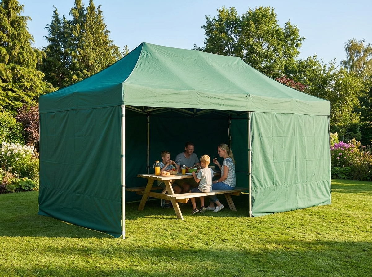 Pop up gazebo with steel frame and green canopy for outdoor use