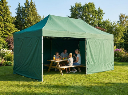 Pop up gazebo with steel frame and green canopy for outdoor use