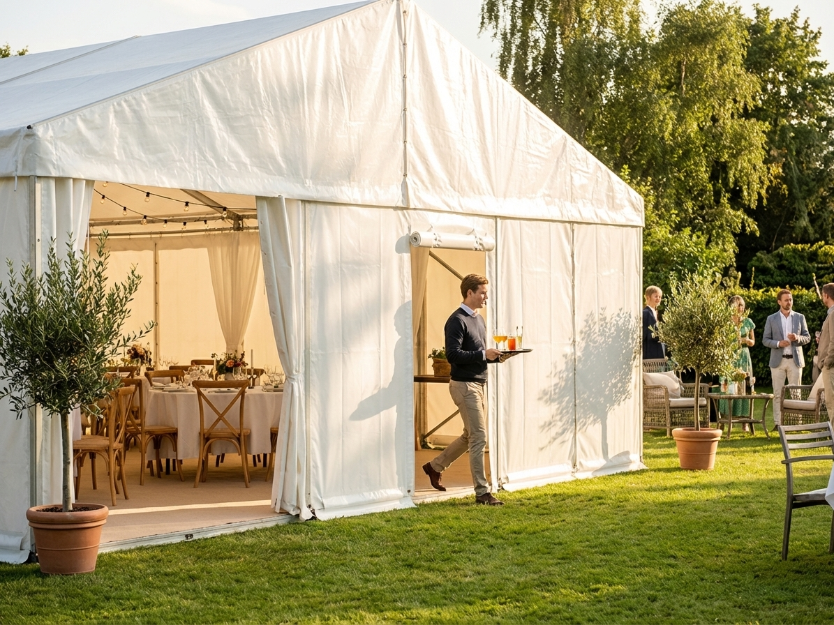 PVC endwall with narrow door, 6m white, outdoor shelter