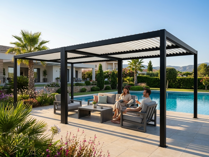 Bioclimatic pergola gazebo in black and white, aluminium frame - view 3
