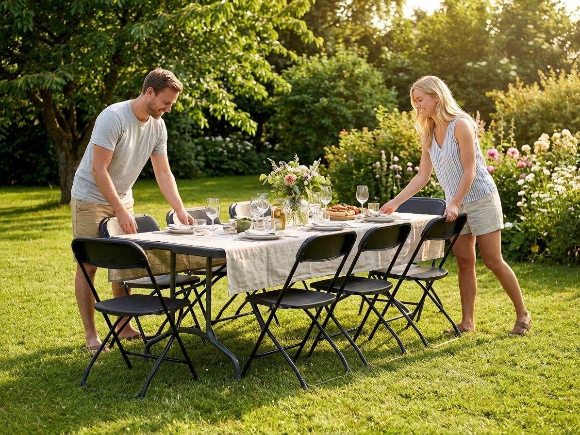 Black folding table and chairs set with steel frame for indoor and outdoor use
