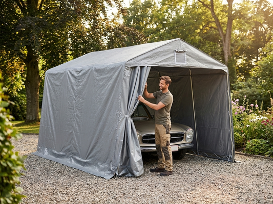 Portable grey garage made from PE tarpaulin and steel, perfect for outdoor storage