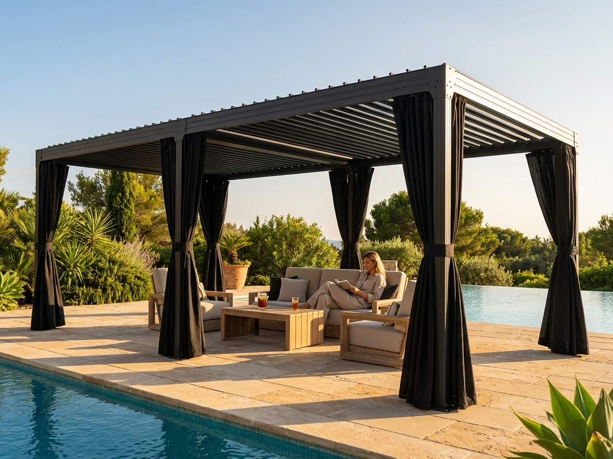 Bioclimatic pergola gazebo with black steel frame and curtains - product detail
